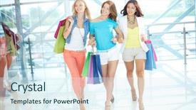  Presentation with trade - Cool new presentation theme with portrait of three glamorous girlfriends with paperbags walking down trade center backdrop and a sky blue colored foreground