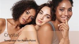  Presentation with women - Cool new slide deck with portrait-of-three-gorgeous-multiethnic backdrop and a coral colored foreground