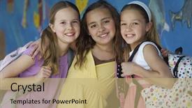  Presentation with ethnic - Slides consisting of portrait of three happy multi ethnic friends standing together against wall background and a coral colored foreground