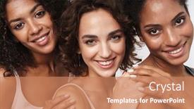  Presentation with three - Colorful slide set enhanced with portrait-of-three-happy-multiethnic backdrop and a coral colored foreground