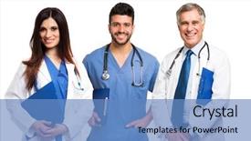  Presentation with medical worker and brain - PPT theme consisting of portrait of three medical workers background and a teal colored foreground