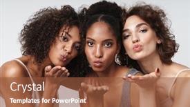  Presentation with three - Audience pleasing slide deck consisting of portrait-of-three-pretty-multiracial backdrop and a tawny brown colored foreground