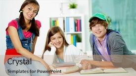  Presentation with classmates - Theme featuring portrait of three smart classmates looking at camera in classroom background and a coral colored foreground