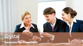  Presentation with new ideas - Theme enhanced with portrait of three specialists discussing new ideas in the conference room background and a coral colored foreground