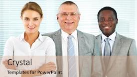  Presentation with business partner people joining hand - Theme enhanced with portrait of three successful business partners looking at camera with young woman in front background and a lemonade colored foreground