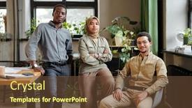  Presentation with team leader - PPT theme featuring portrait-of-three-young-intercultural background and a tawny brown colored foreground