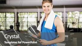  Presentation with treadmill - Theme enhanced with portrait of trainer holding clipboard on treadmill at gym background and a dark gray colored foreground