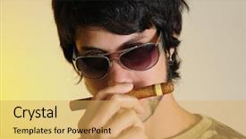  Presentation with latino - Colorful theme enhanced with portrait of trendy latino man smelling cigar over yellow background backdrop and a yellow colored foreground