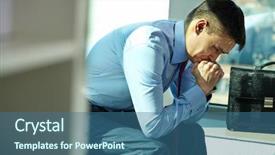  Presentation with 3d man sitting question mark - PPT theme featuring portrait of troubled man sitting background and a ocean colored foreground