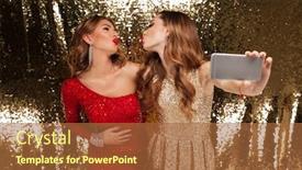  Presentation with sparkly - Slides consisting of portrait of two attractive young women in sparkly dresses taking a selfie while standing and posing isolated over golden shiny background background and a red colored foreground
