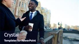  Presentation with coats - PPT theme enhanced with portrait of two business colleagues in street of city by river talking to each other while holding disposable coffee cups both wearing coats background and a navy blue colored foreground