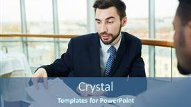  Presentation with negotiating - Slide set consisting of portrait of two business partners one of them african discussing contract and negotiating conditions during meeting in cafe background and a ocean colored foreground