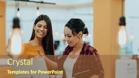  Presentation with society - Slide set featuring portrait-of-two-businesswomen-talking background and a tawny brown colored foreground