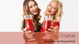  Presentation with tomato juice - Colorful slides enhanced with portrait of two cheerful young smartly dressed women wearing makeup standing isolated over white background celebrating drinking tomato juice from glasses backdrop and a red colored foreground