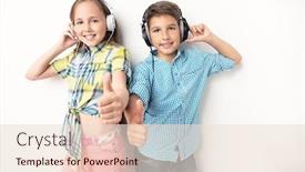  Presentation with music kids - Slide deck enhanced with portrait of two cheerful young kids listening to music in headphones over the white background summer casual kids fashion background and a lemonade colored foreground