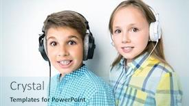  Presentation with music kids - Presentation theme consisting of portrait of two cheerful young kids listening to music in headphones over the white background summer casual kids fashion background and a light blue colored foreground