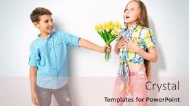  Presentation with kids fashion - Colorful presentation design enhanced with portrait of two cheerful young kids over the white background with flowers summer casual kids fashion backdrop and a lemonade colored foreground