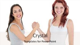  Presentation with wrestling - Colorful presentation theme enhanced with portrait of two cheerful young female friends arm wrestling against white background backdrop and a lemonade colored foreground