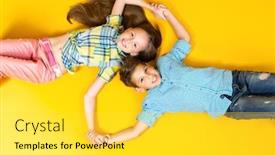  Presentation with kids fashion - Cool new PPT theme with portrait-of-two-cheerful-young backdrop and a yellow colored foreground