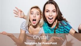  Presentation with teens - Theme featuring portrait of two cheerful young female teens having fun together isolated on the white background background and a coral colored foreground