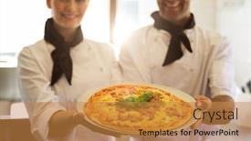 Presentation with chef - PPT layouts consisting of portrait of two chef presenting a pizza in commercial kitchen background and a gold colored foreground