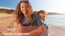  Presentation with waves - Colorful slide deck enhanced with portrait-of-two-children-wearing backdrop and a red colored foreground