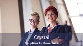  Presentation with team group - Slide set with portrait of two corporate business woman at modern bright office interior standing in group as team background and a navy blue colored foreground