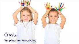  Presentation with education cute - Beautiful slide set featuring portrait of two cute girls enjoying painting education isolated over white background backdrop and a sky blue colored foreground