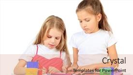  Presentation with education cute - Slide set with portrait of two cute girls enjoying painting education isolated over white background background and a coral colored foreground