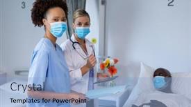  Presentation with face masks - Amazing PPT layouts having portrait-of-two-diverse-female backdrop and a light blue colored foreground