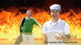  Presentation with retirement golf - PPT theme enhanced with portrait-of-two-diverse-senior background and a yellow colored foreground