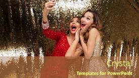  Presentation with sparkly - Presentation theme consisting of portrait of two excited cheerful women in sparkly dresses taking a selfie while standing and posing together isolated over golden shiny background background and a red colored foreground