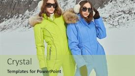 Presentation with ski - Presentation with portrait-of-two-fashionable-girls background and a yellow colored foreground