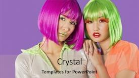  Presentation with portrait of excited overjoyed female - Presentation design having portrait of two female friends background and a  colored foreground