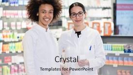  Presentation with coats - Slide set enhanced with portrait of two female pharmacists background and a sky blue colored foreground