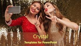  Presentation with sparkly - Colorful PPT theme enhanced with portrait of two funny happy women in sparkly dresses taking a selfie while standing together and showing peace gesture isolated over golden shiny background backdrop and a tawny brown colored foreground