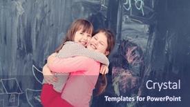  Presentation with black girls - Slide set featuring portrait of two happy cute little girls hugging each other while having fun in front of black chalkboard background and a ocean colored foreground