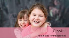  Presentation with black girls - Cool new slide deck with portrait of two happy cute little girls hugging each other while having fun in front of black chalkboard backdrop and a coral colored foreground