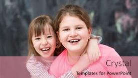  Presentation with black girls - Amazing slide set having portrait of two happy cute little girls hugging each other while having fun in front of black chalkboard backdrop and a coral colored foreground