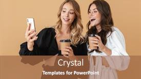  Presentation with two black women - Colorful presentation enhanced with portrait of two happy women in black and white clothes using cellphones while drinking coffee takeaway isolated over beige background backdrop and a red colored foreground
