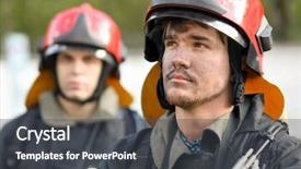  Presentation with super hero dog red - Beautiful slide deck featuring portrait of two heroic fireman backdrop and a dark gray colored foreground