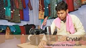  Presentation with sewing machine - PPT theme consisting of portrait of two indian man background and a coral colored foreground