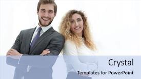  Presentation with company - Colorful slide set enhanced with portrait of two leading specialists backdrop and a light blue colored foreground