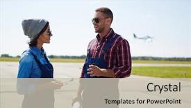  Presentation with airport runway - Beautiful presentation theme featuring portrait of two modern mechanics backdrop and a soft green colored foreground