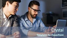  Presentation with office workers - Colorful slide set enhanced with portrait of two office workers one of them asian discussing project and using laptop in dark room late at night faces lit by lamp light backdrop and a ocean colored foreground