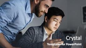  Presentation with office workers - Audience pleasing PPT theme consisting of portrait of two office workers backdrop and a  colored foreground