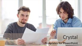  Presentation with full length portrait two men women brown sweater - Audience pleasing presentation theme consisting of portrait of two partners sitting backdrop and a  colored foreground