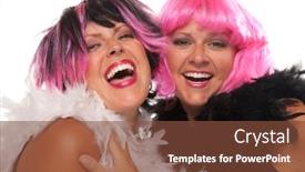  Presentation with black girls - Cool new theme with portrait of two pink and black haired smiling girls with boas isolated on a white background backdrop and a tawny brown colored foreground