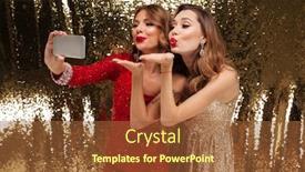  Presentation with sparkly - Colorful presentation design enhanced with portrait of two pretty smiling women in sparkly dresses taking a selfie while standing together and blowing kiss isolated over golden shiny background backdrop and a tawny brown colored foreground