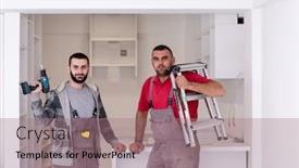  Presentation with kitchen furniture - Slide set featuring portrait-of-two-professional-workers background and a coral colored foreground